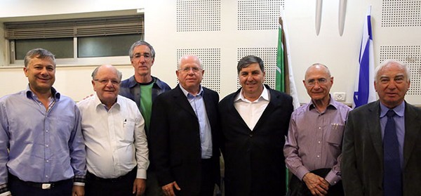 The new KKL-JNF leadership (L to R): Atty. Shlomo Deri, Mr. Hernan Felman, Mr. Mike Nitzan, Mr. Zeev Noyman, Mr. Danny Atar, Dr. Uzi Landau and Mr. Nisan Cialic. Photo: KKL-JNF Spokesperson